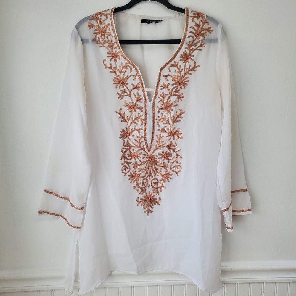 Club Z Collection Embroidered White Sheer Chiffon Swim Coverup Tunic Kaftan S
